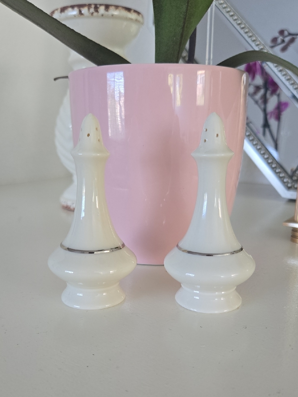 Lenox White Ceramic Salt and Pepper Shakers with Silver Band